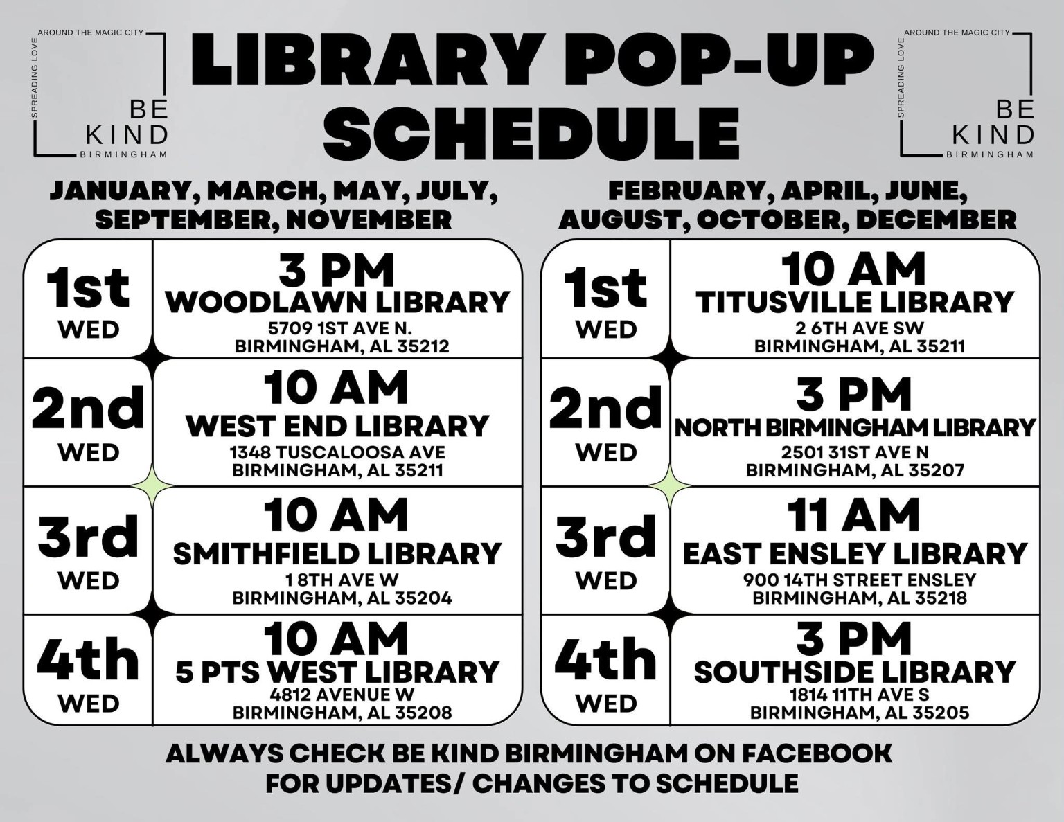 Be Kind Birmingham recurring library pop-up schedule